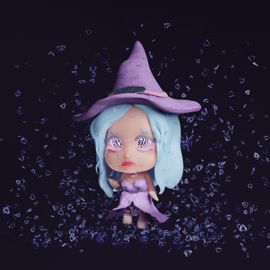 a 3d render of a cartoon witch character, large head, purple outfit and witch hat, surrounded by tiny metal hearts